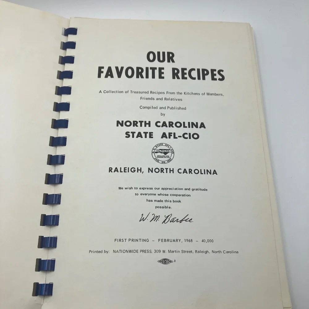 Our Favorite Recipes Cookbook North Carolina State AFL CIO 1968 First‎ Printing